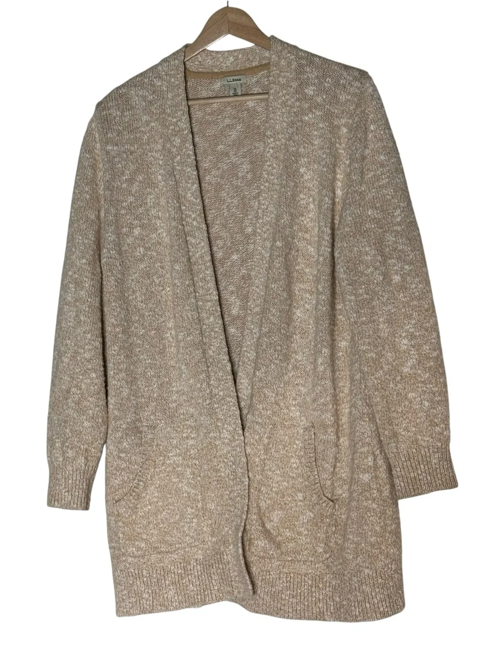 L.L. Bean Chunky Marled Knit Peach Beige Open Front Cardigan Sweater Size XL